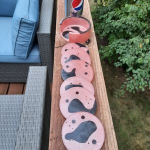 Set 6 orange resin coasters & holder set black blobs handmade